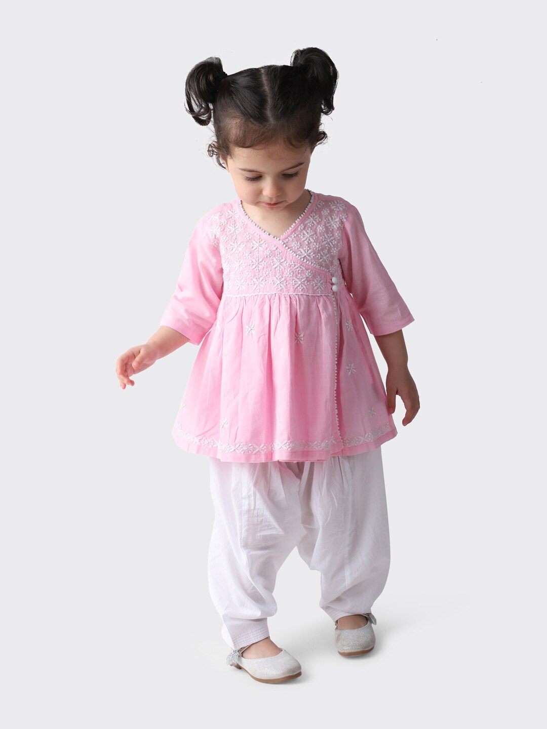 

Fabindia Girls Pink Floral Embroidered Angrakha Thread Work Pure Cotton Kurta with Salwar