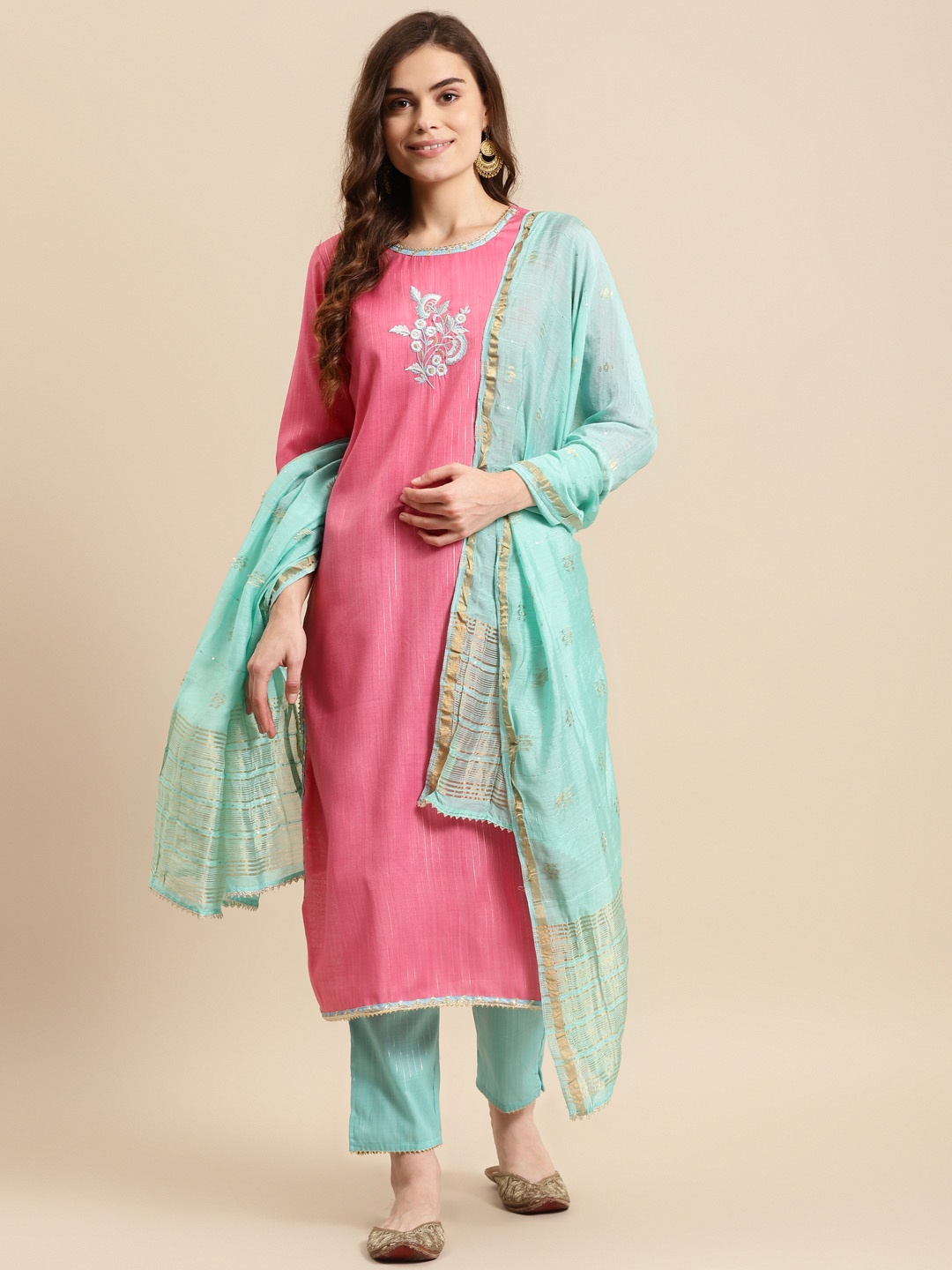 

Prakhya Women Pink Floral Embroidered Kurta with Palazzos & With Dupatta