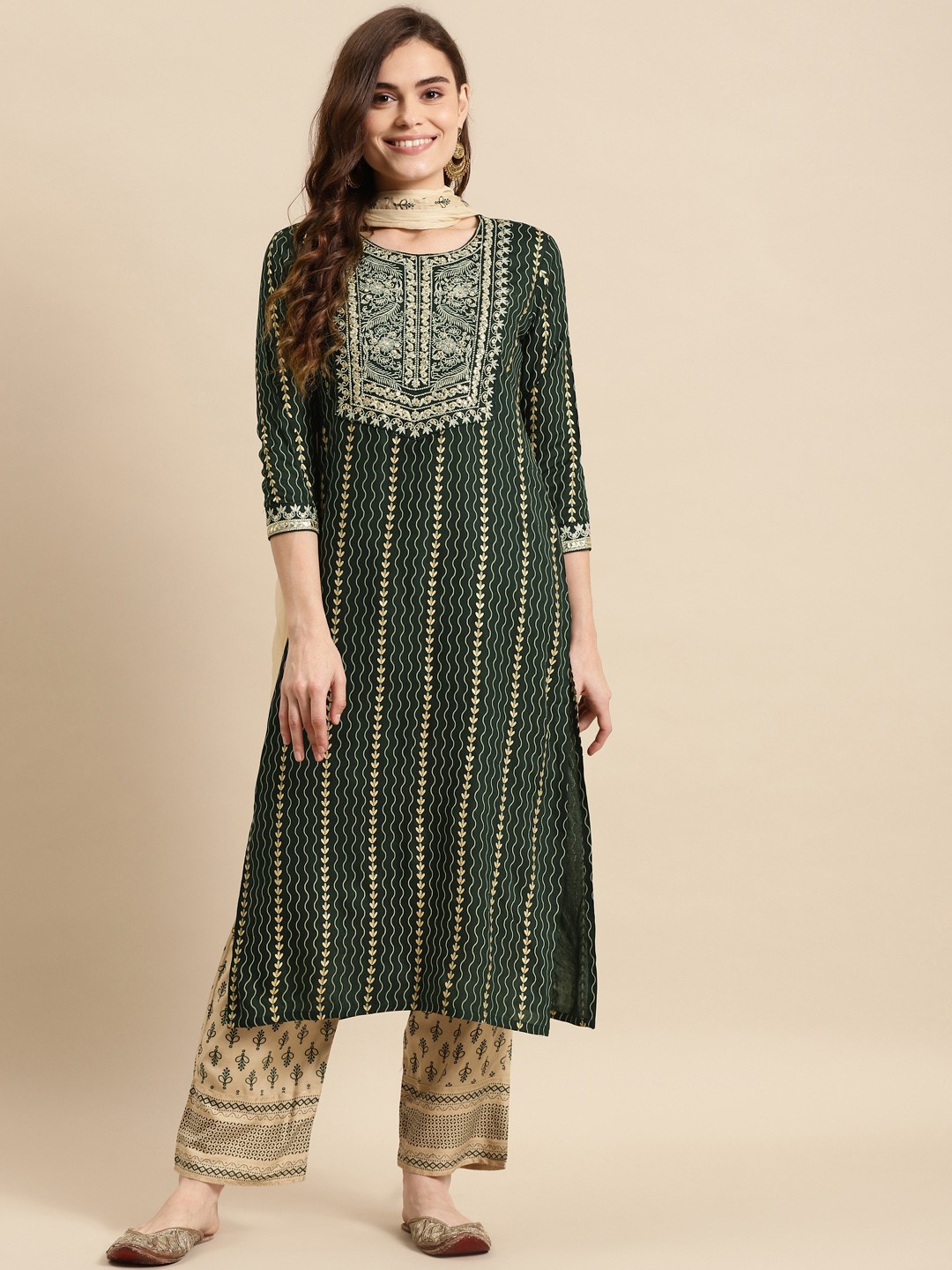 

Prakhya Women Green Ethnic Motifs Embroidered Kurta with Palazzos & Dupatta