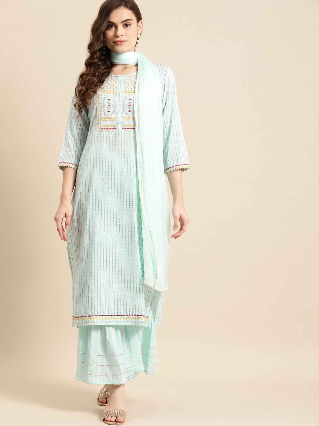 

Prakhya Women Turquoise Blue Embroidered Kurta with Sharara & With Dupatta