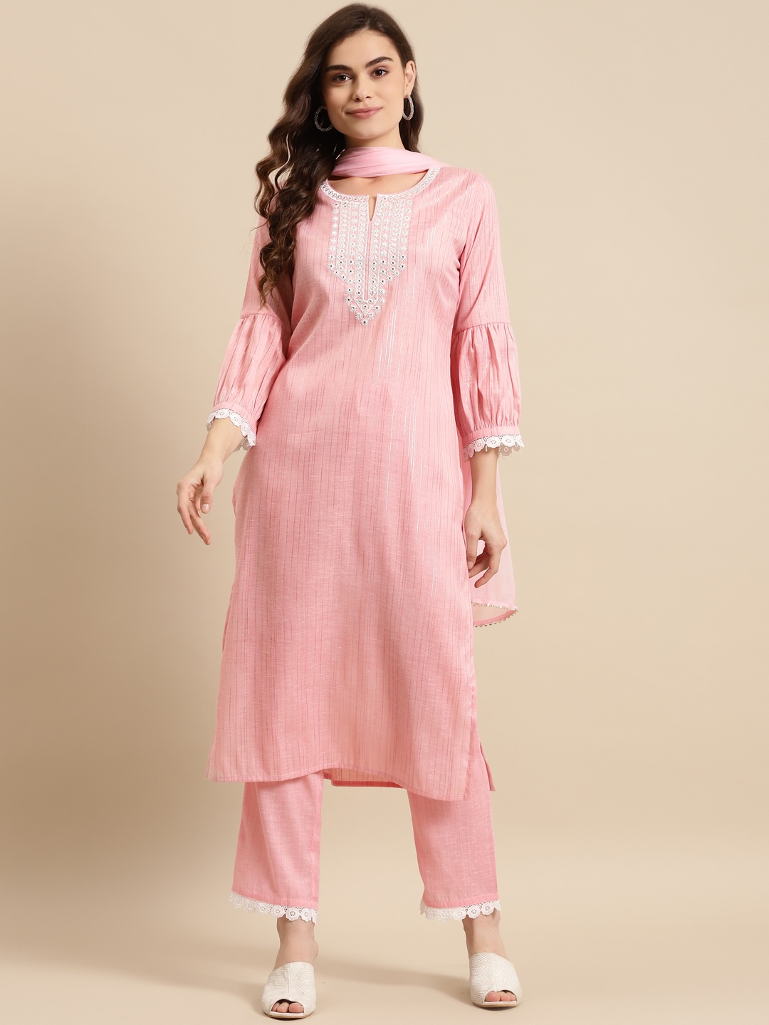 

Prakhya Women Pink Printed Gotta Patti Kurta with Palazzos & With Dupatta