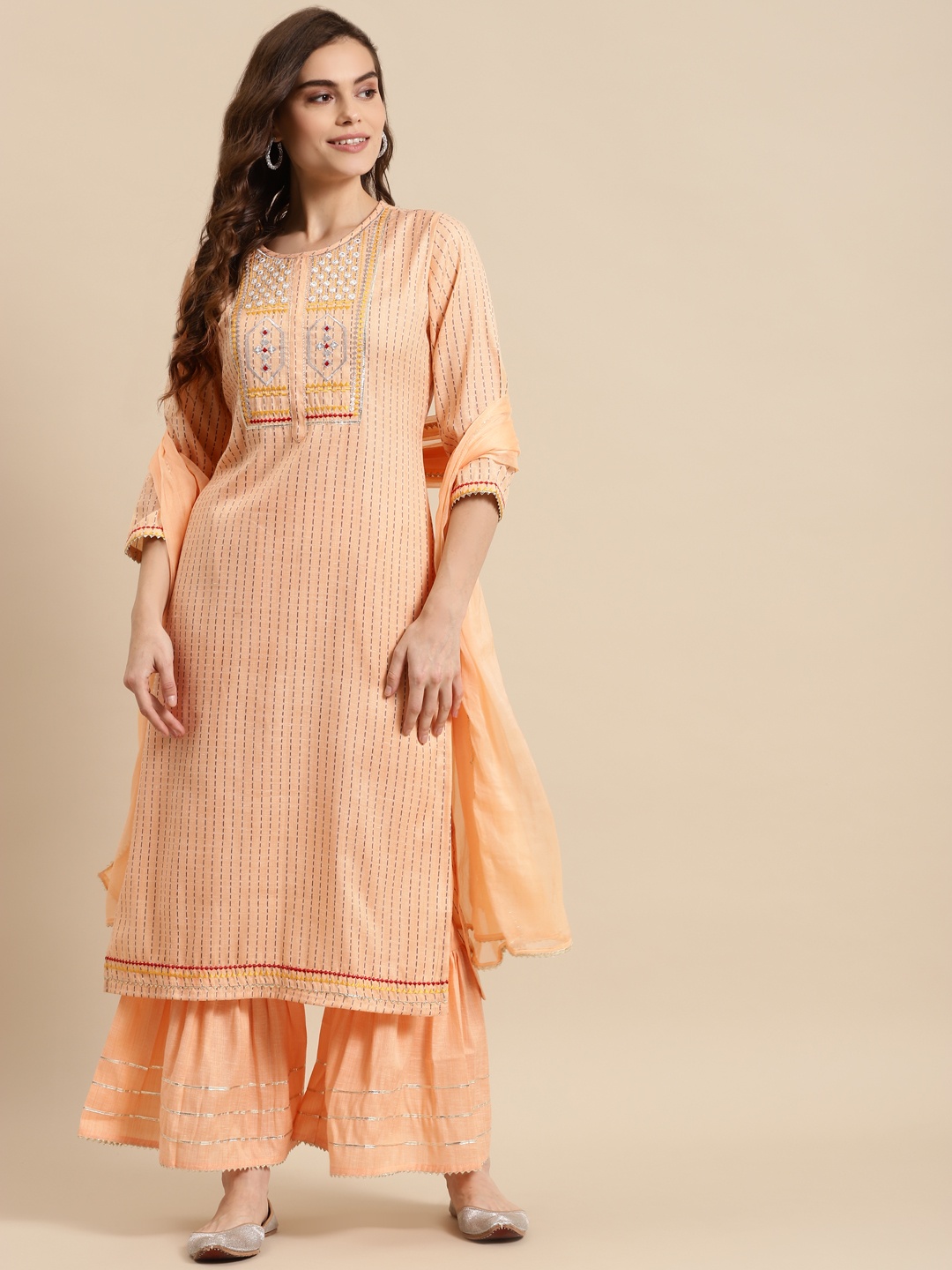 

Prakhya Women Peach-Coloured Ethnic Motifs Embroidered Kurta with Sharara & With Dupatta