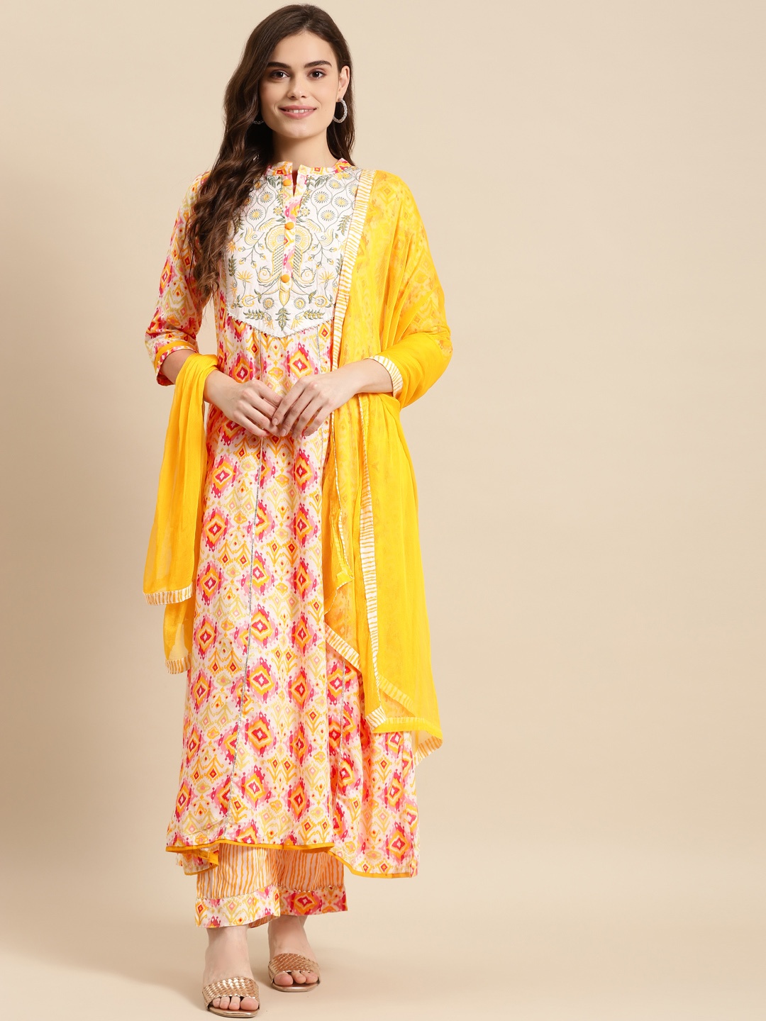 

Prakhya Women Yellow Ethnic Motifs Embroidered Kurta with Palazzos & With Dupatta