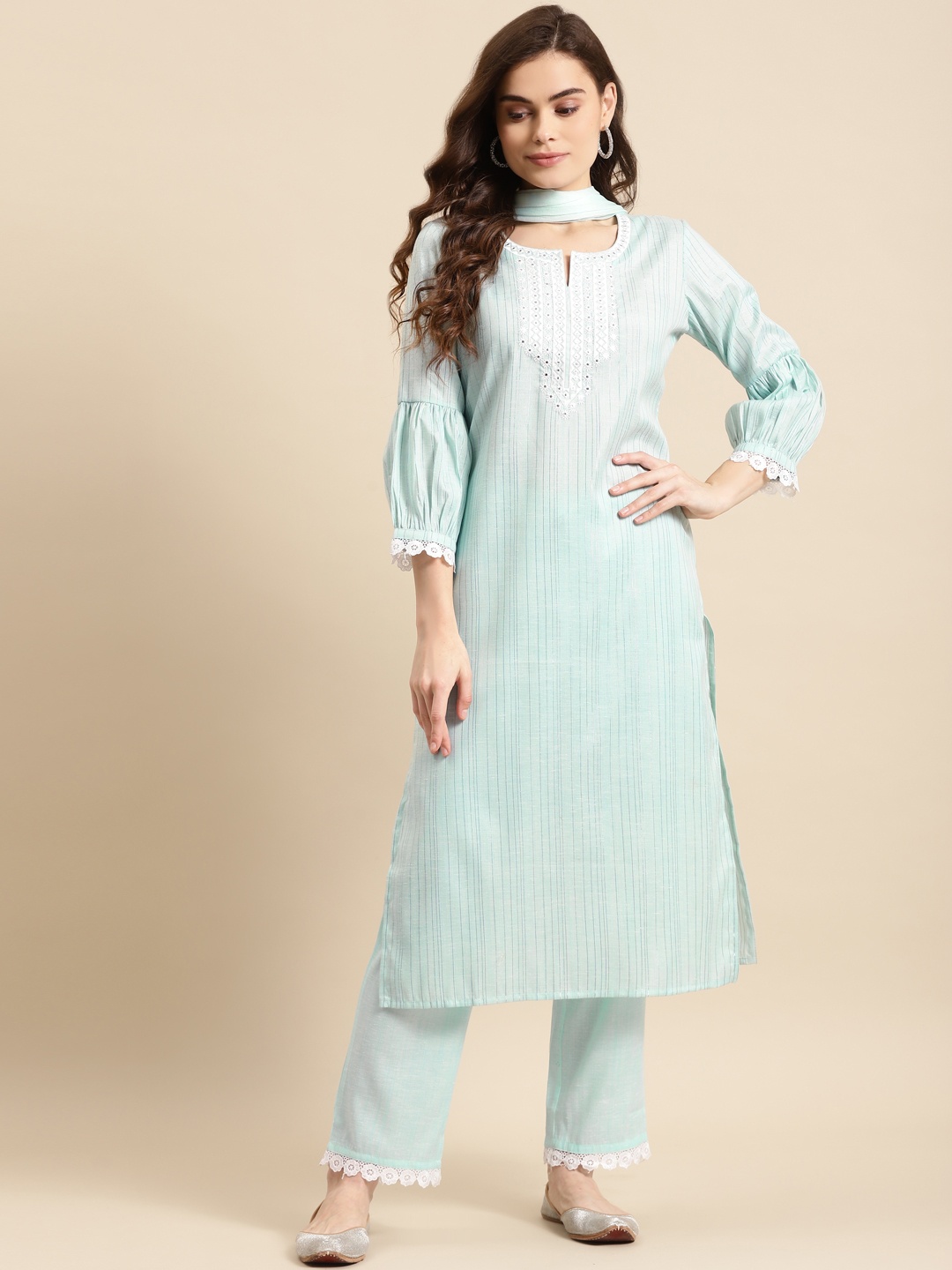 

Prakhya Women Turquoise Blue Printed Kurta with Palazzos & With Dupatta