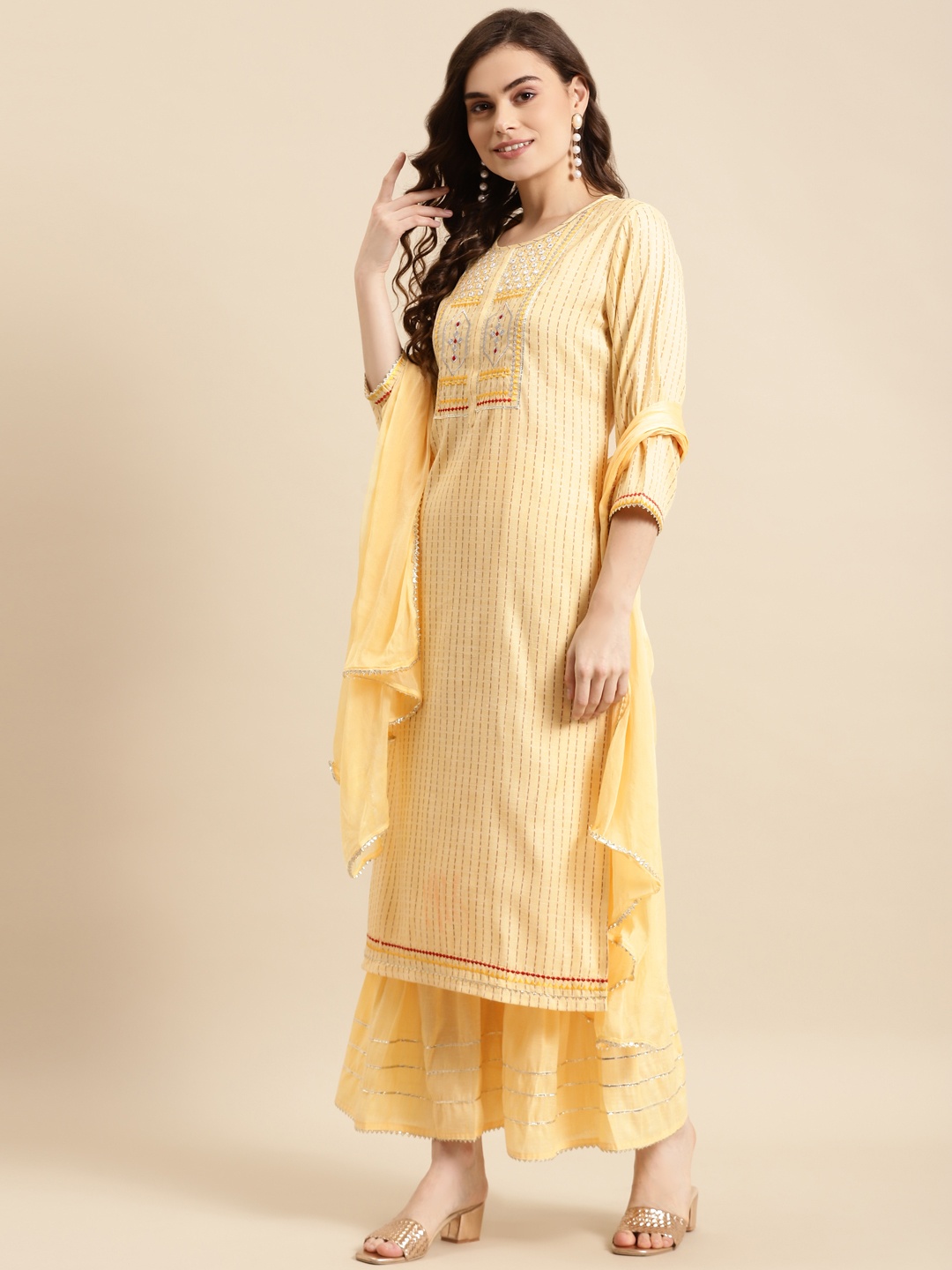 

Prakhya Women Yellow Yoke Design Kurta with Sharara & With Dupatta