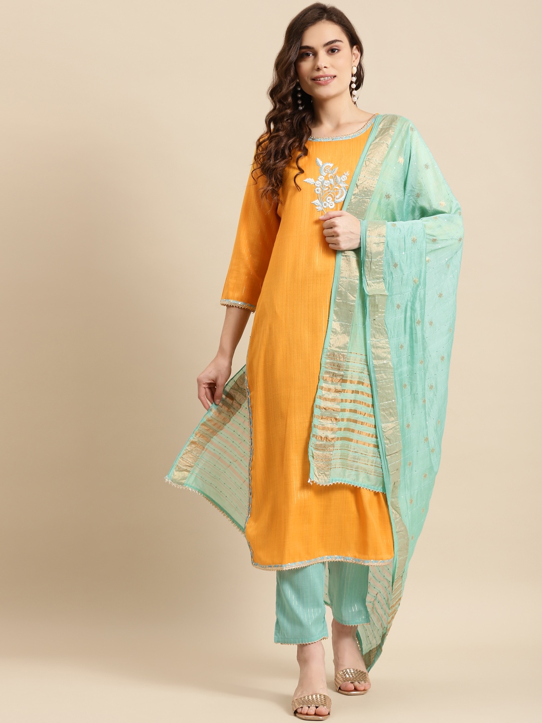 

Prakhya Women Yellow Floral Yoke Design Kurta with Palazzos & With Dupatta