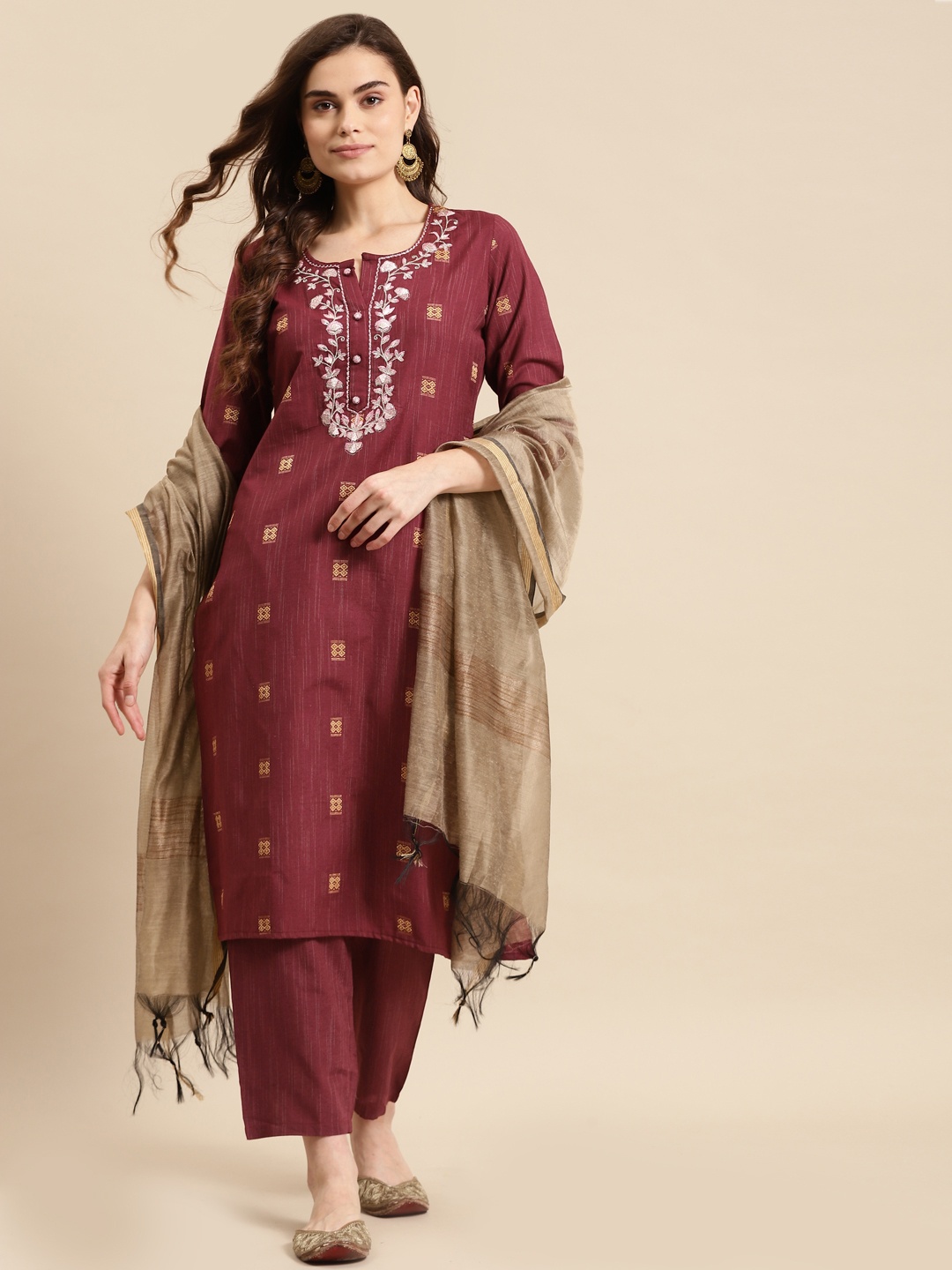 

Prakhya Women Maroon Floral Embroidered Kurta with Palazzos & Dupatta