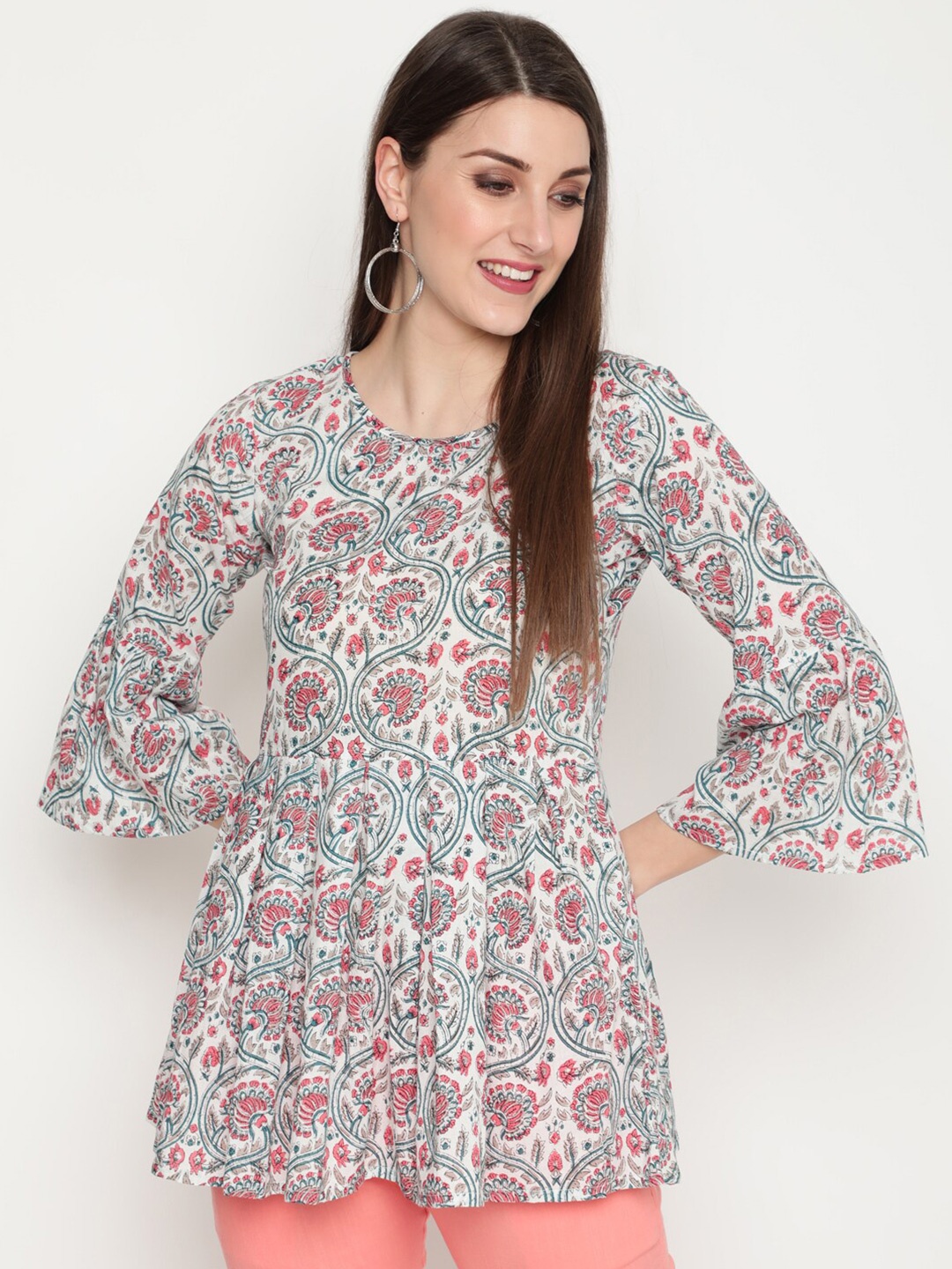 

THE NKS PLUS White & Pink Print Pure Cotton Longline Top