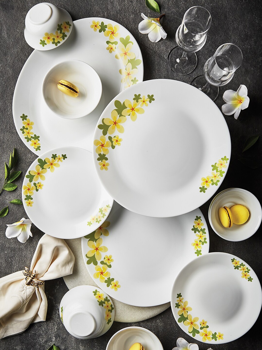 

Larah by BOROSIL Tiara Golden Shower 27 Pieces Floral Printed Opalware Glossy Dinner Set, White