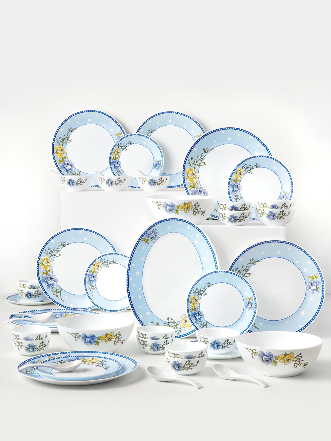 

Larah by BOROSIL Kohinoor Blue Sapphire Set Of 44 Printed Opalware Glossy Dinner Set, White