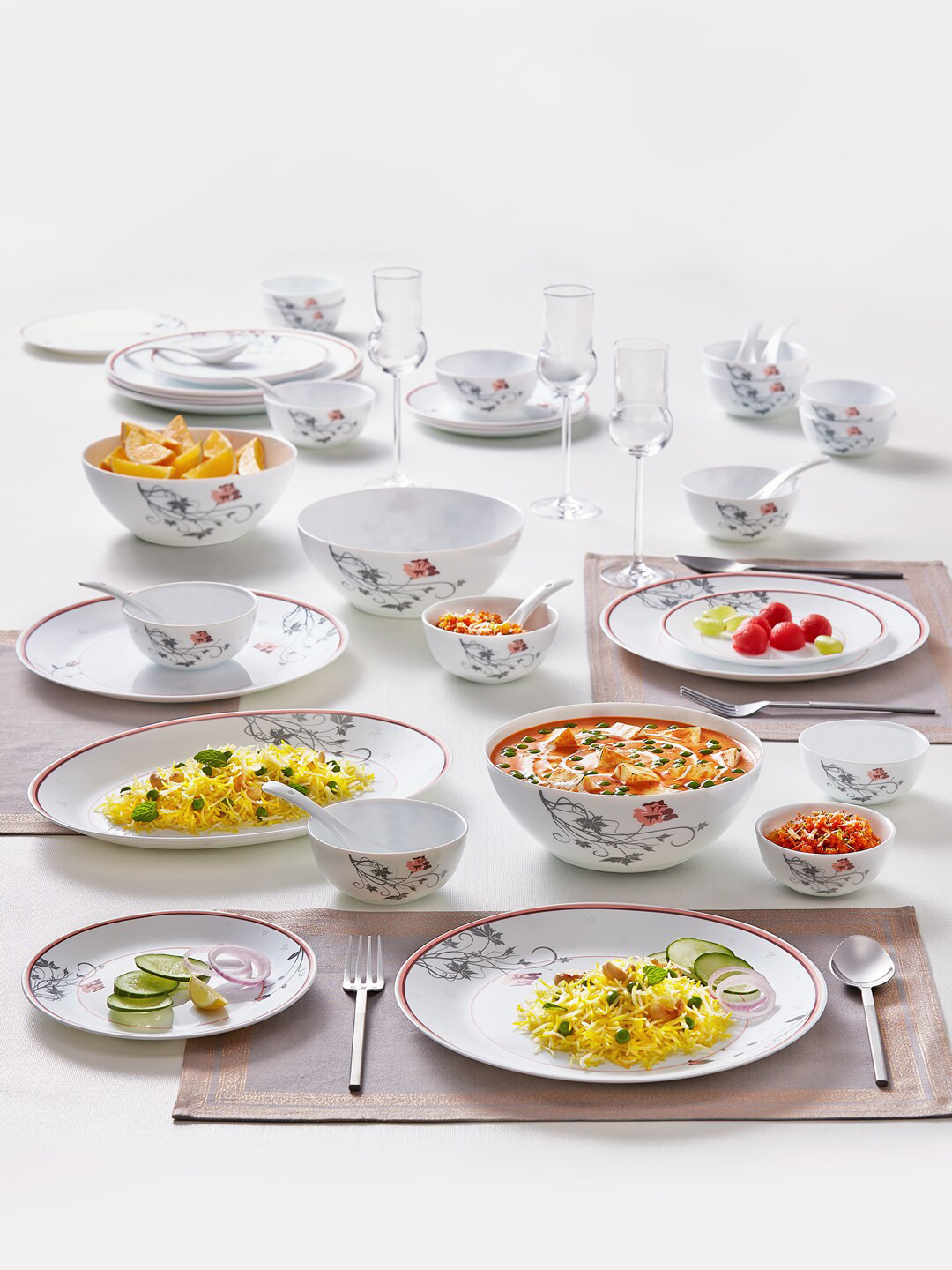

Larah by BOROSIL Kohinoor Quartz White & Pink 44 Pieces Printed Opalware Glossy Dinner Set