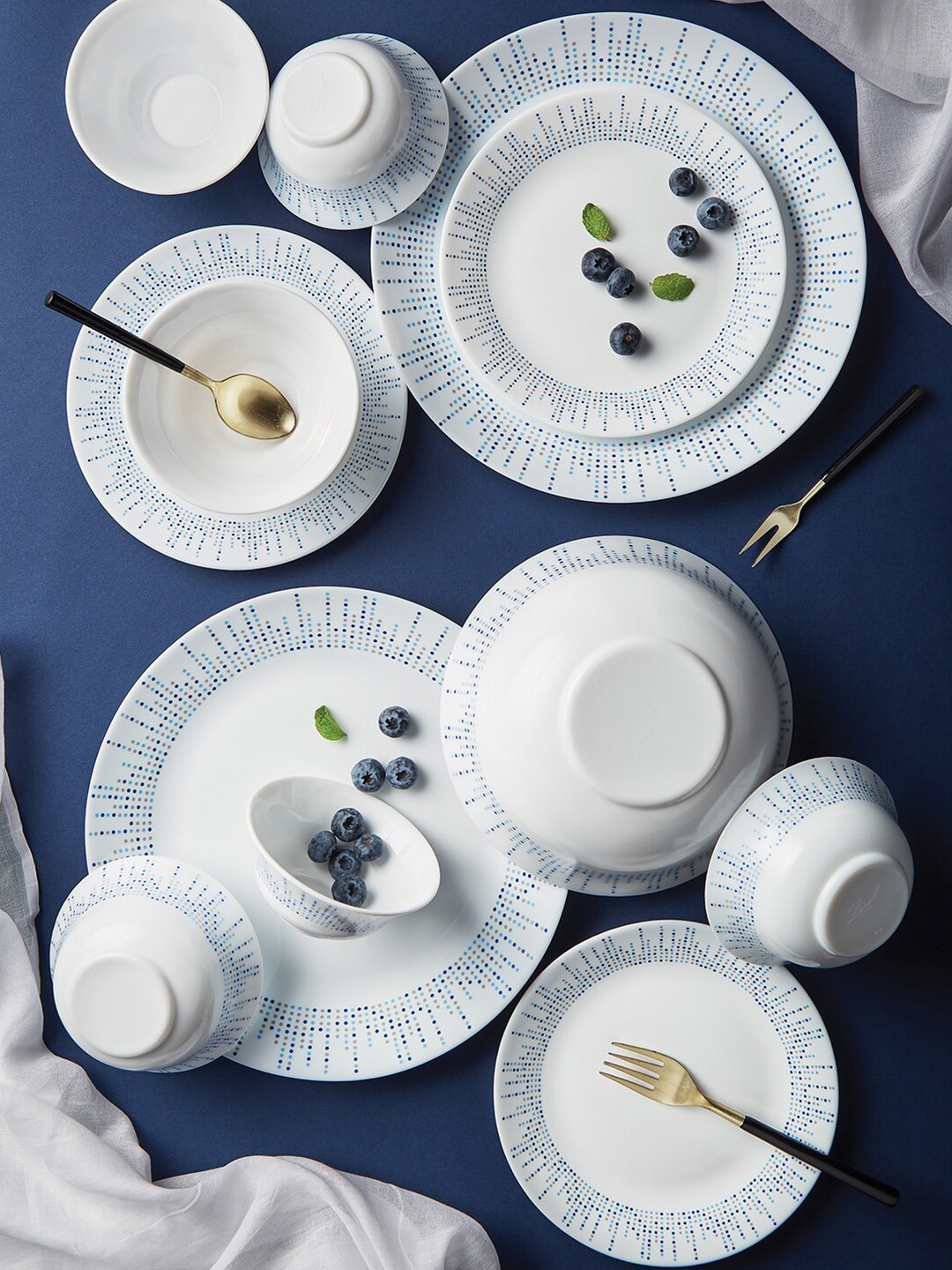 

Larah by BOROSIL Tiara Pulse White & Blue 36 Pieces Printed Opalware Glossy Dinner Set