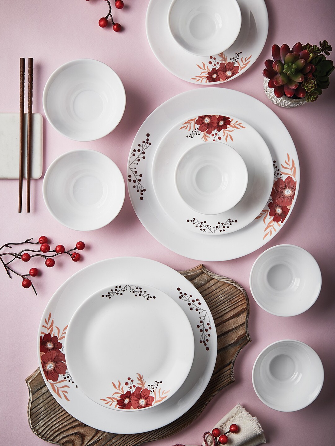 

Larah by BOROSIL Tiara Paradise Set Of 33 Printed Opalware Glossy Dinner Set, White