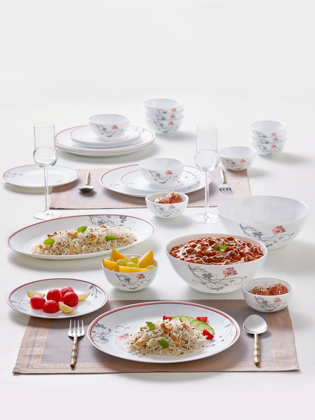 

Larah by BOROSIL Kohinoor Quartz White 27 Pieces Floral Printed Opalware Glossy Dinner Set