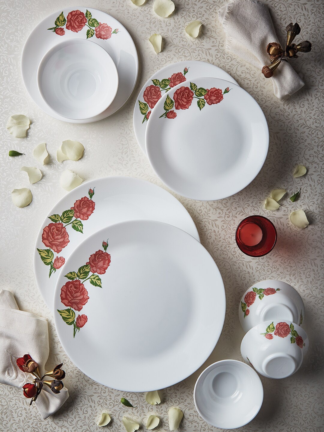 

Larah by BOROSIL Tiara Rose Gold Set Of 27 Floral Printed Opalware Glossy Dinner Set, White