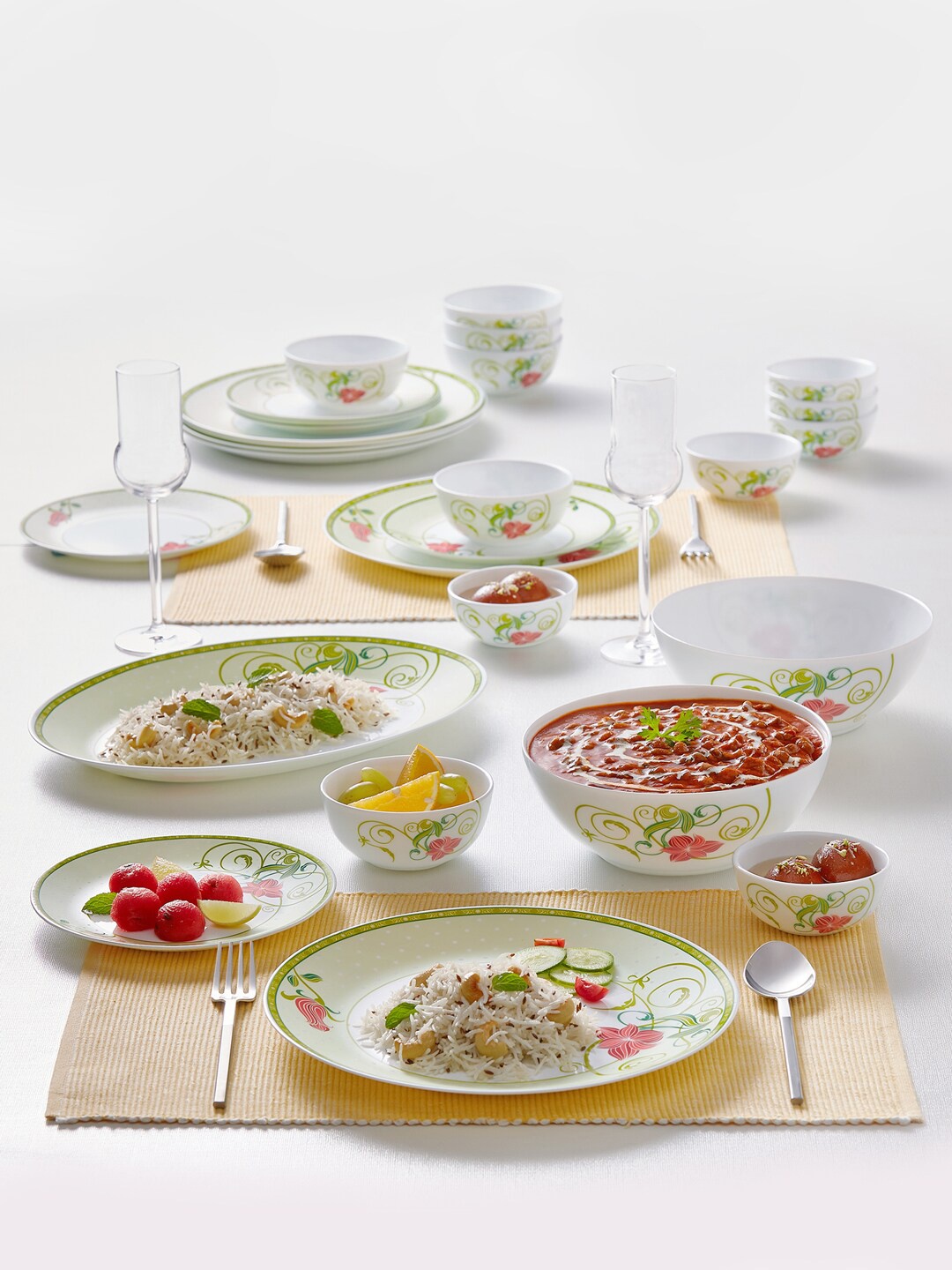 

Larah by BOROSIL Kohinoor Emerald 27 Pieces Printed Opalware Glossy Dinner Set, White