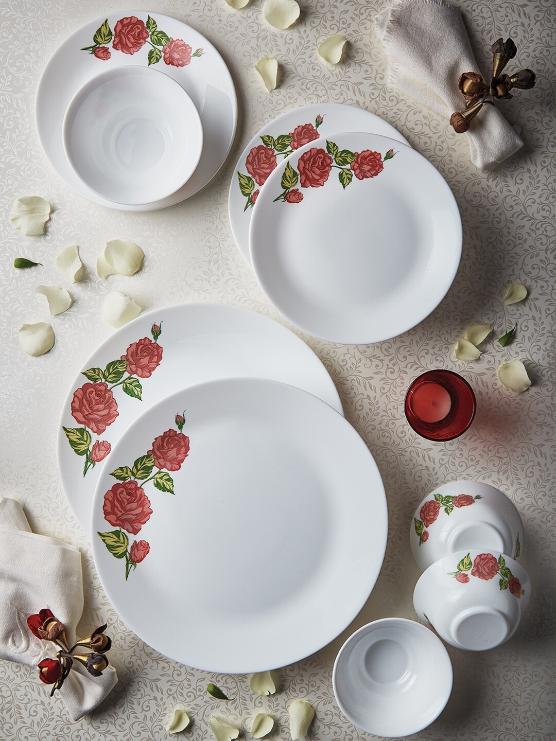 

Larah by BOROSIL Tiara Rose Gold Pieces Floral Printed Opalware Glossy Dinner Set, White