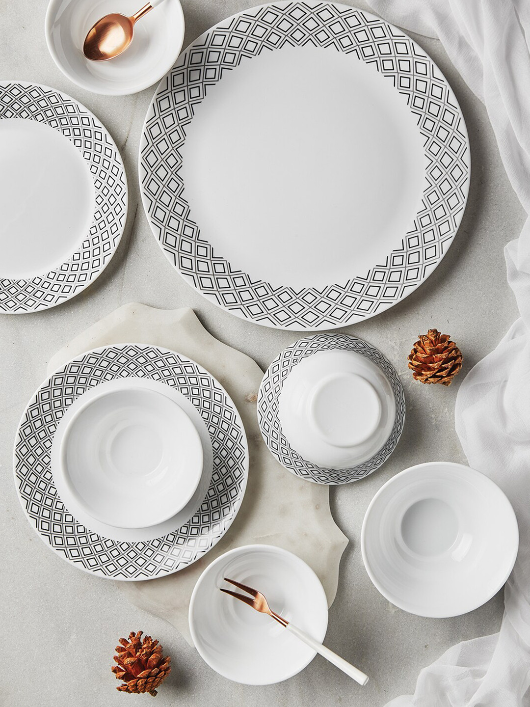 

Larah by BOROSIL Tiara Sapphire 27 Pieces Geometric Printed Opalware Glossy Dinner Set, White