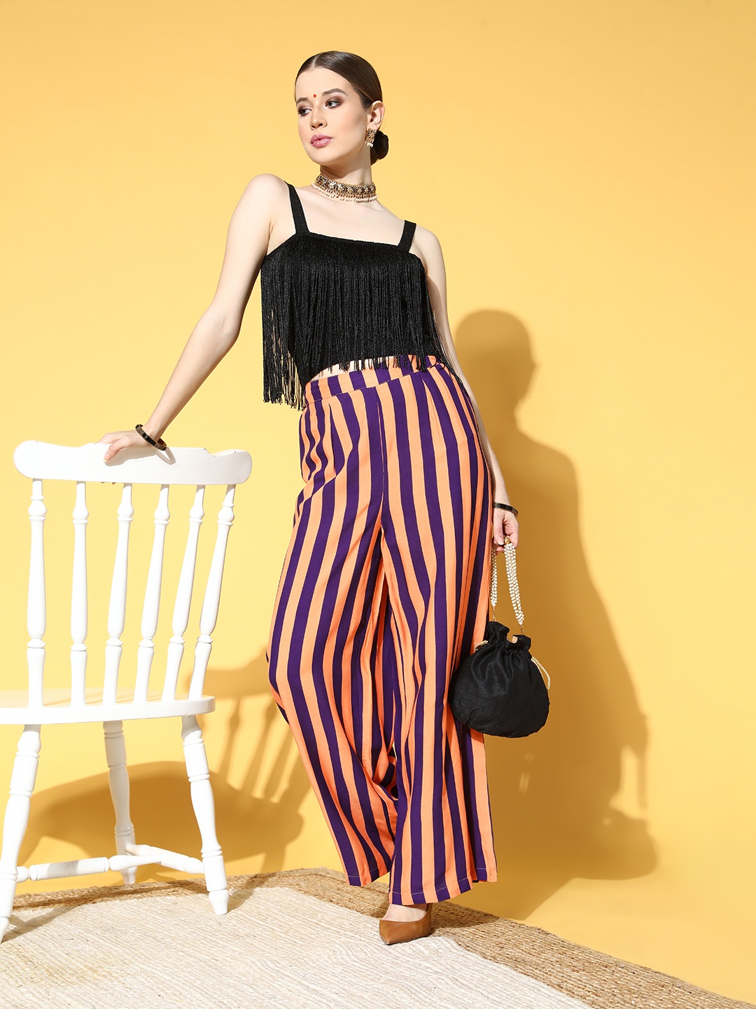 

Sangria Women Attractive Peach Striped Elevated Bottom Palazzos