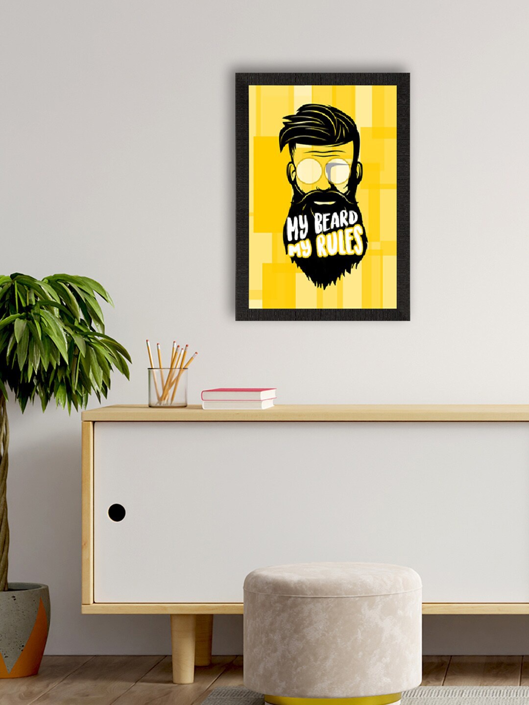 

eCraftIndia Yellow & Black My Beard My Rules Quirky Quote Satin Matt Texture UV Art Painting