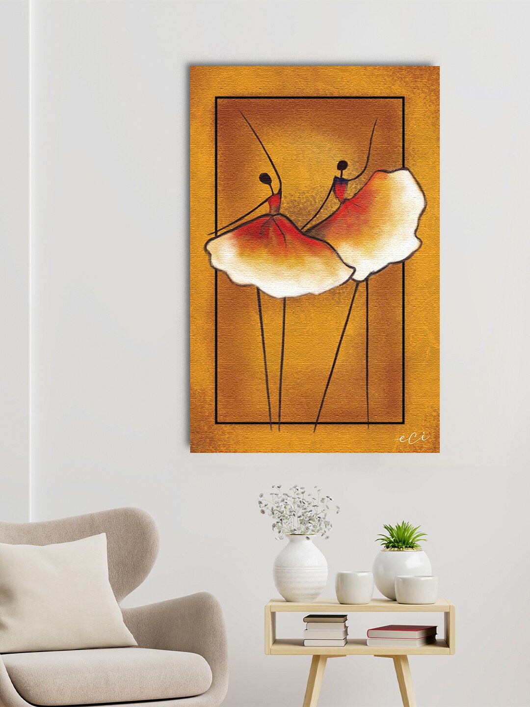 

eCraftIndia Yellow, White & Black Tribal Dancing Abstract Canvas Printed Wall Art