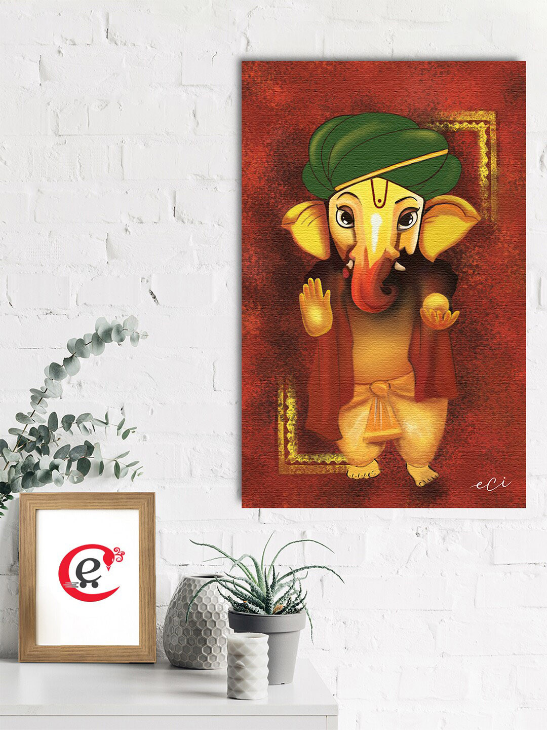 

eCraftIndia Red & Yellow Spiritual Lord Ganesha Printed Canvas Wall Painting