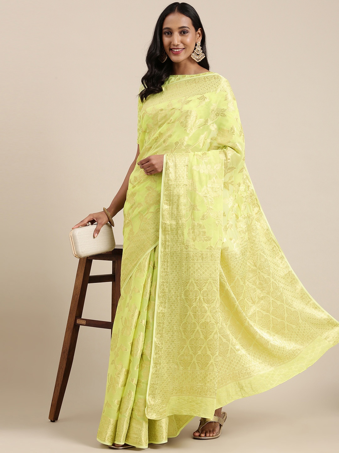 

Geroo Jaipur Lime Green & Golden Ethnic Motifs Zari Pure Georgette Banarasi Saree