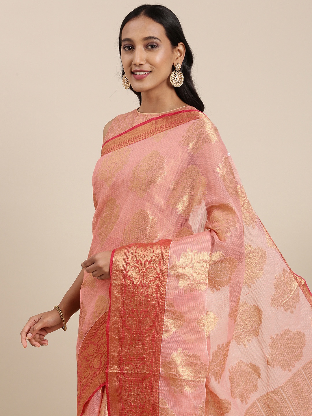 

Geroo Jaipur Peach-Coloured & Golden Ethnic Motifs Zari Silk Cotton Kota Saree