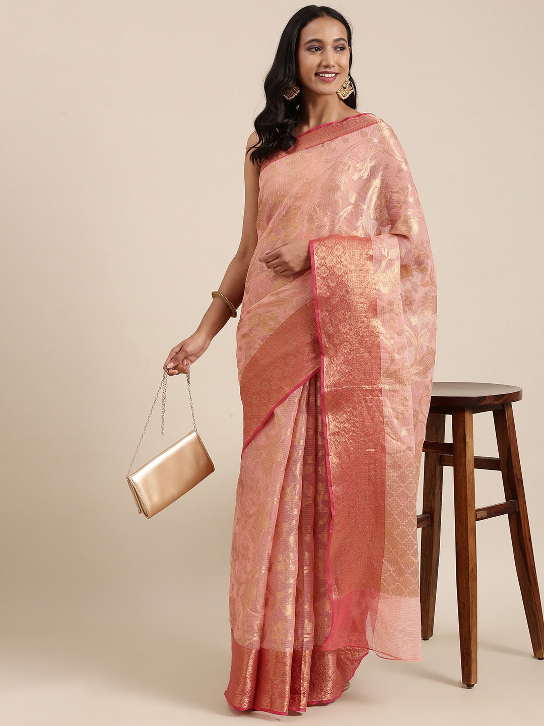 

Geroo Jaipur Peach-Coloured & Golden Ethnic Motifs Zari Silk Cotton Kota Saree