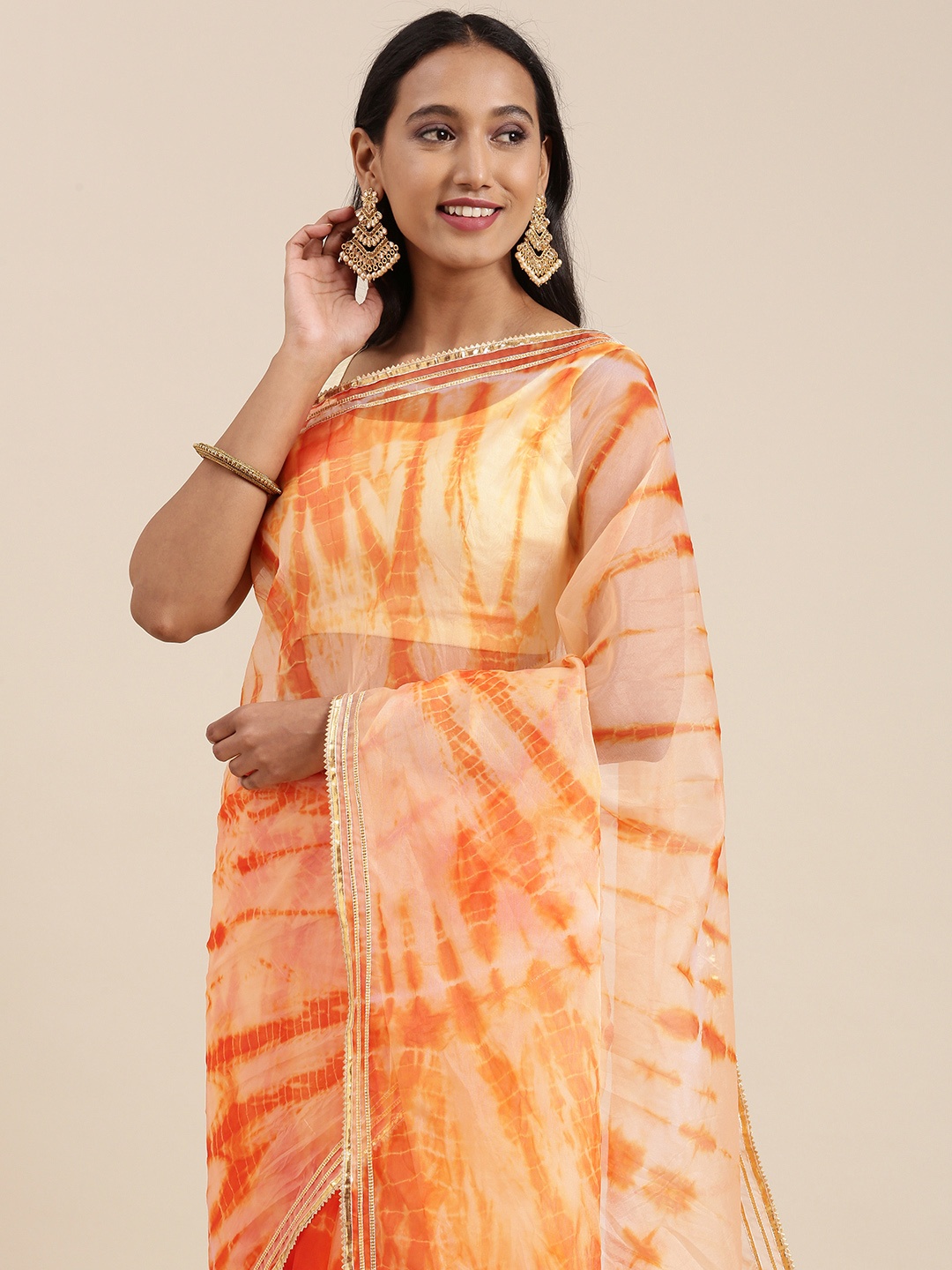 

Geroo Jaipur Peach-Coloured Tie and Dye Organza Saree