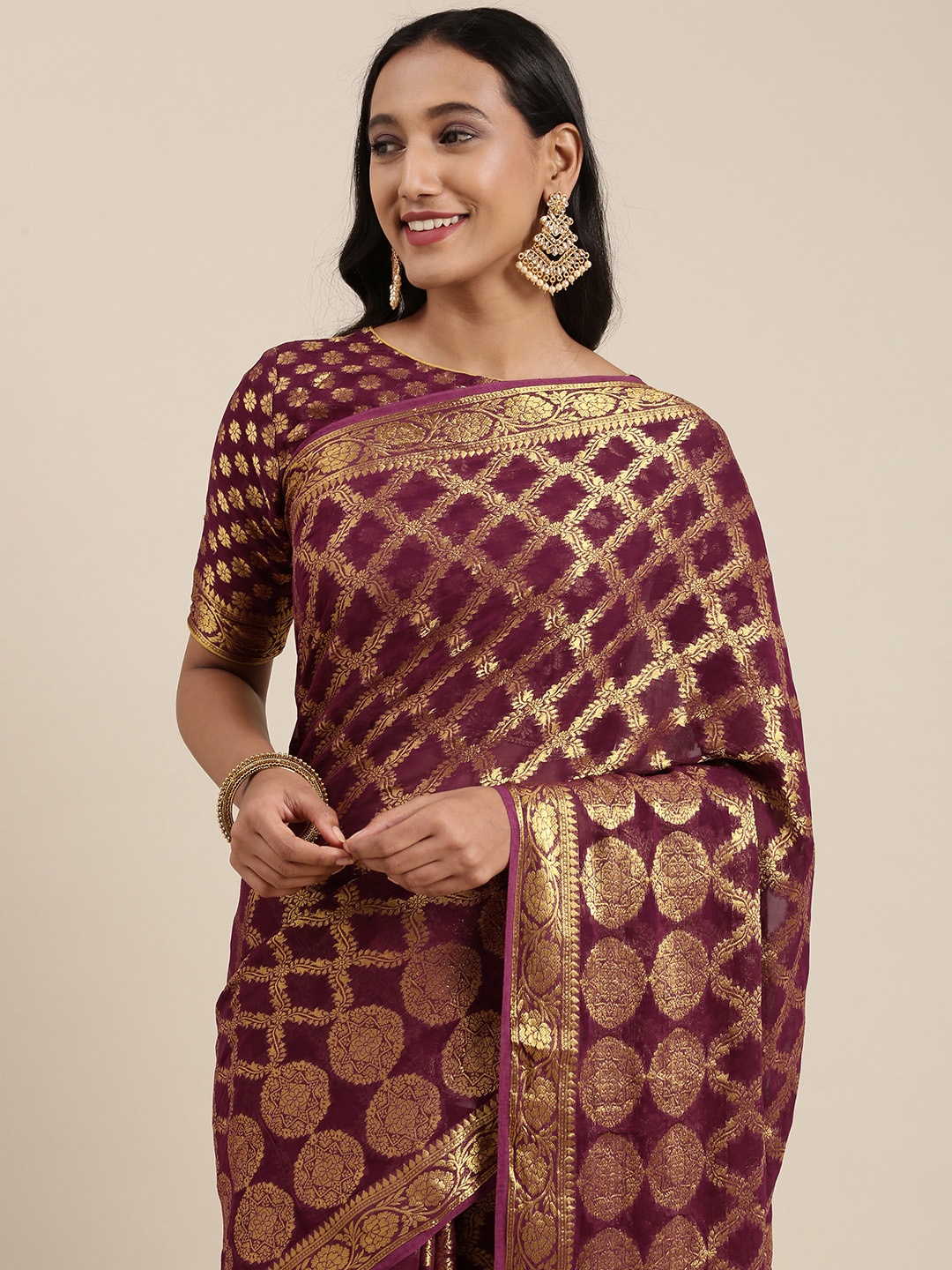 

Geroo Jaipur Handcrafted Zari Woven Georgette Saree, Maroon