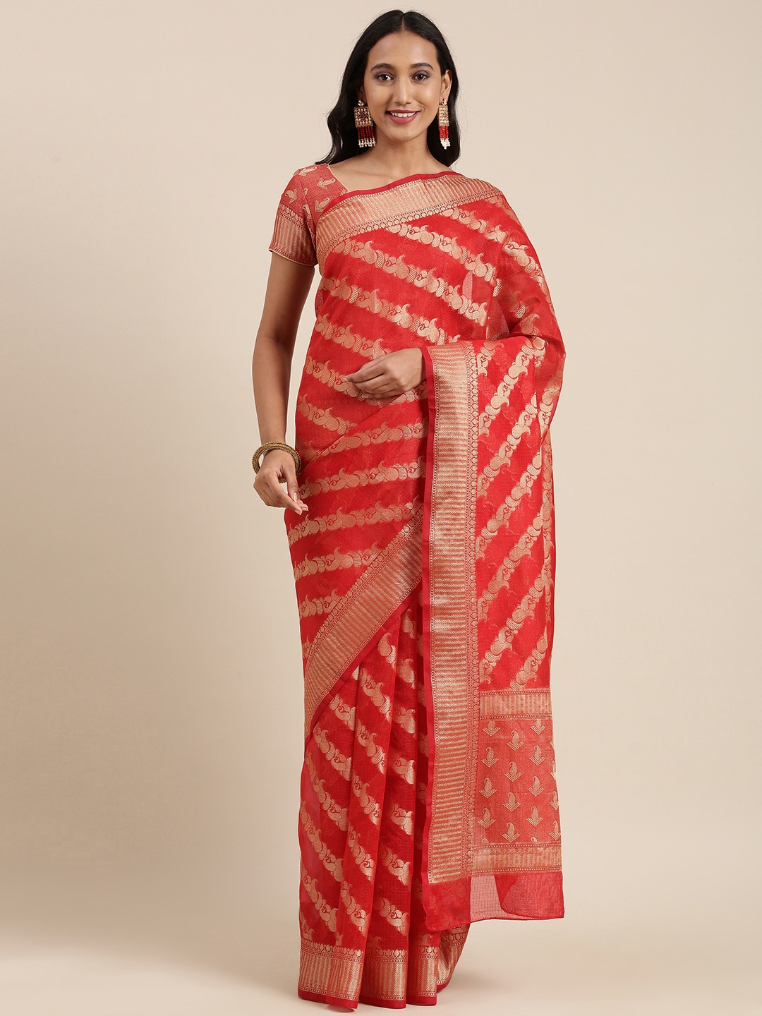 

Geroo Jaipur Red & Gold-Toned Striped Zari Silk Cotton Kota Saree