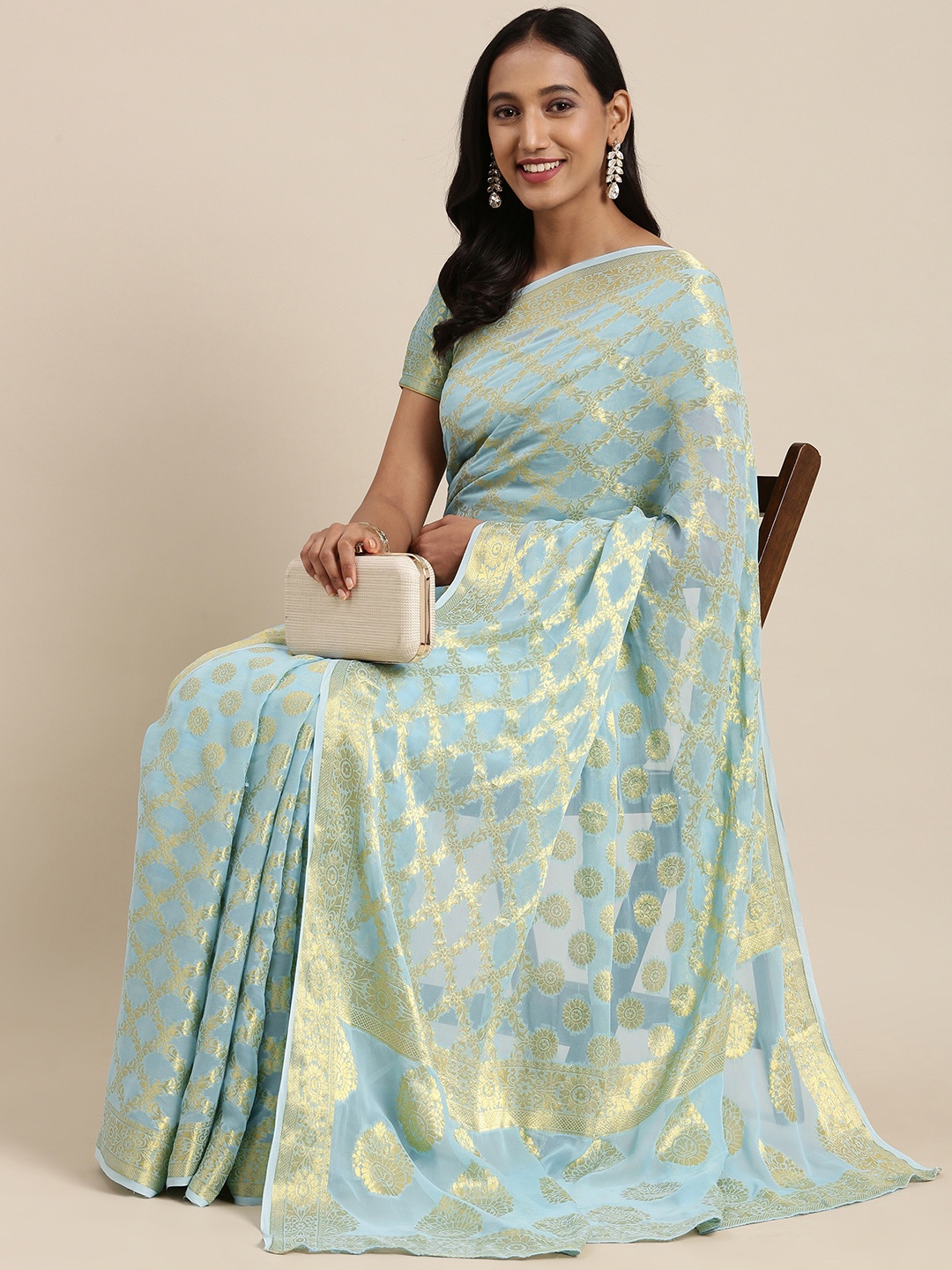 

Geroo Jaipur Blue Handcrafted Zari Woven Georgette Banarasi Saree