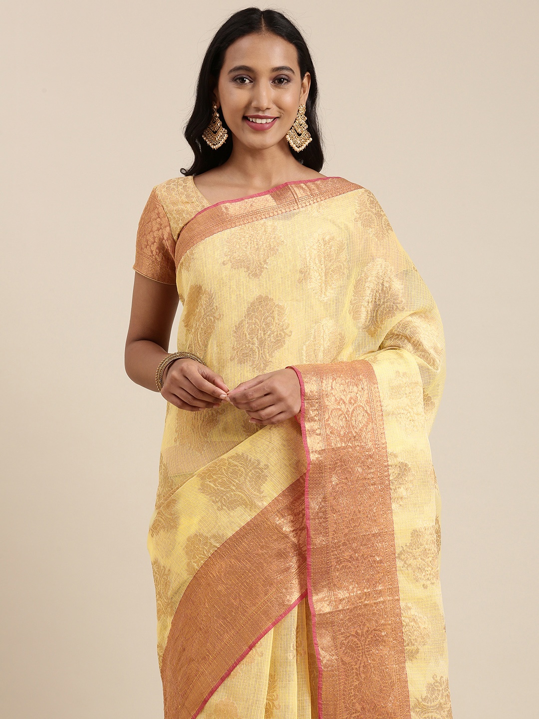 

Geroo Jaipur Cream-Coloured & Golden Ethnic Motifs Zari Silk Cotton Kota Saree