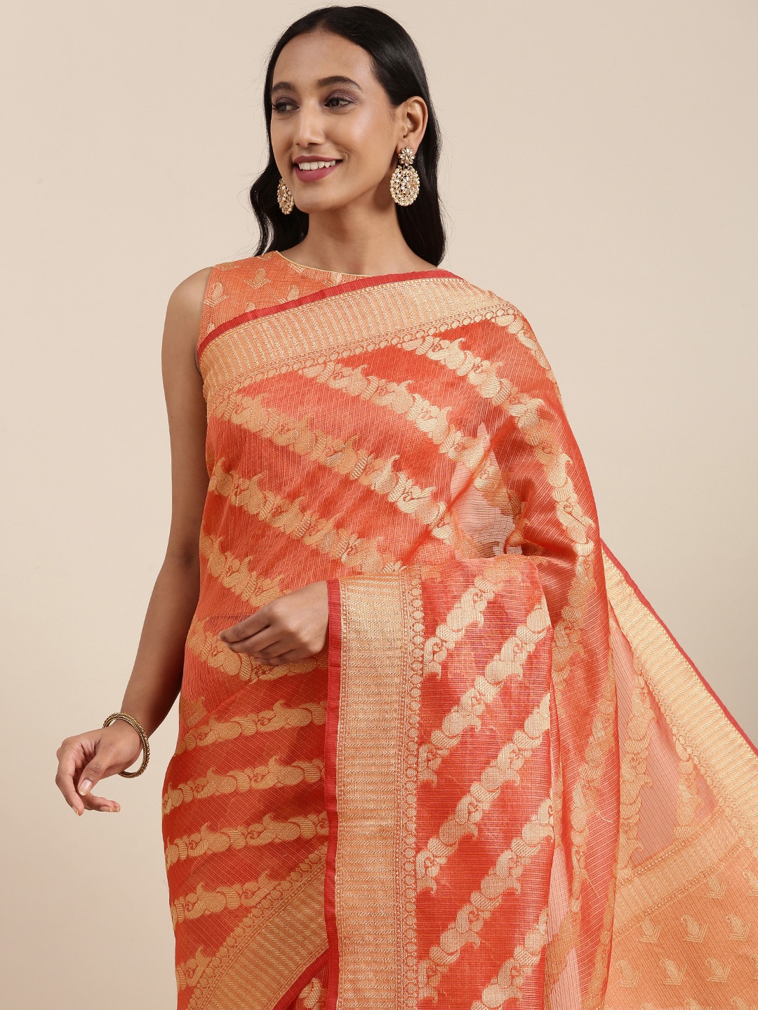 

Geroo Jaipur Peach-Coloured & Golden Striped Zari Silk Cotton Kota Saree