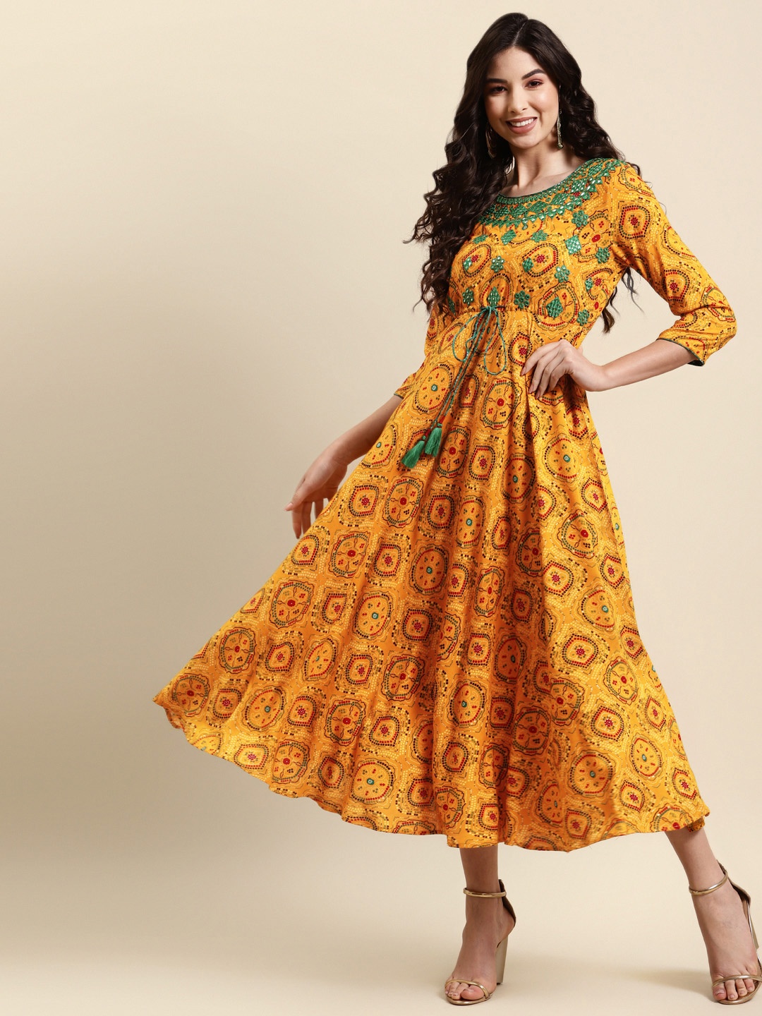 

RANGMAYEE Mustard Yellow & Green Ethnic Motifs Ethnic A-Line Midi Ethnic Dress