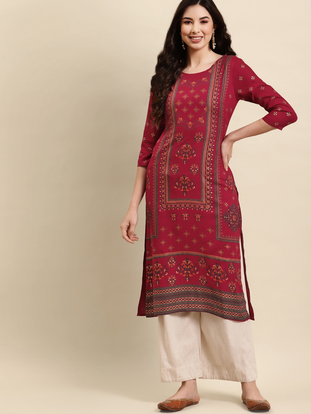 

RANGMAYEE Women Maroon & Green Ethnic Motifs Printed Kurta