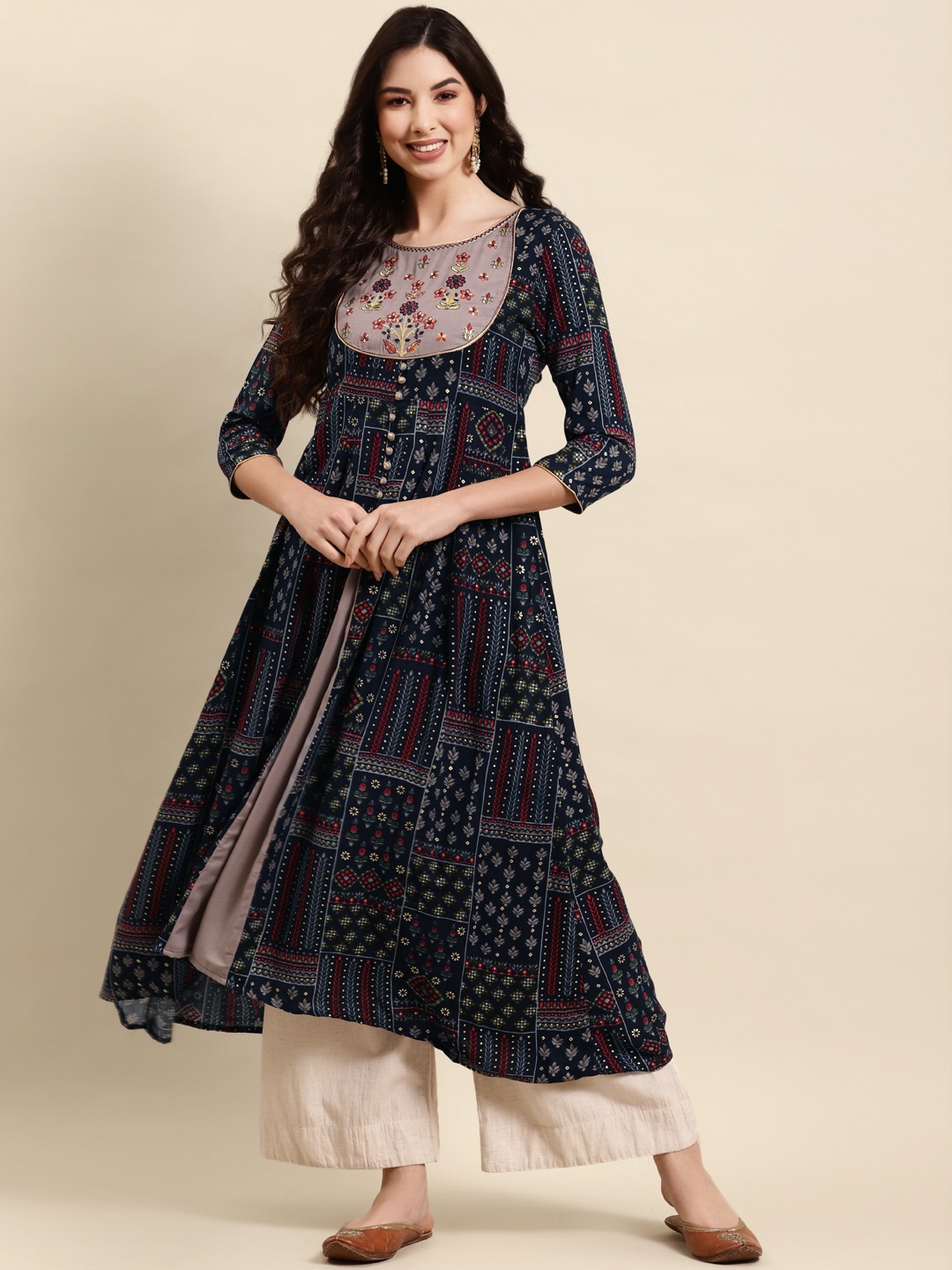 

RANGMAYEE Women Navy Blue & Grey Floral Yoke Design Floral Kurta