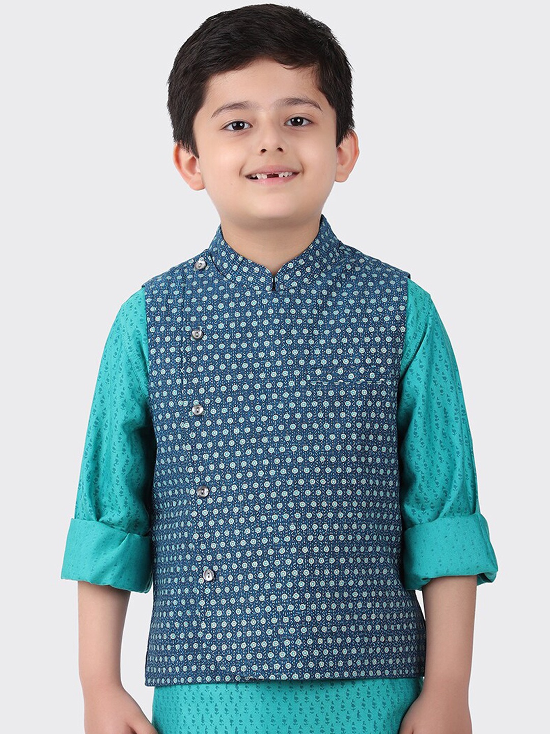 

Fabindia Boys Blue Printed Nehru Jackets