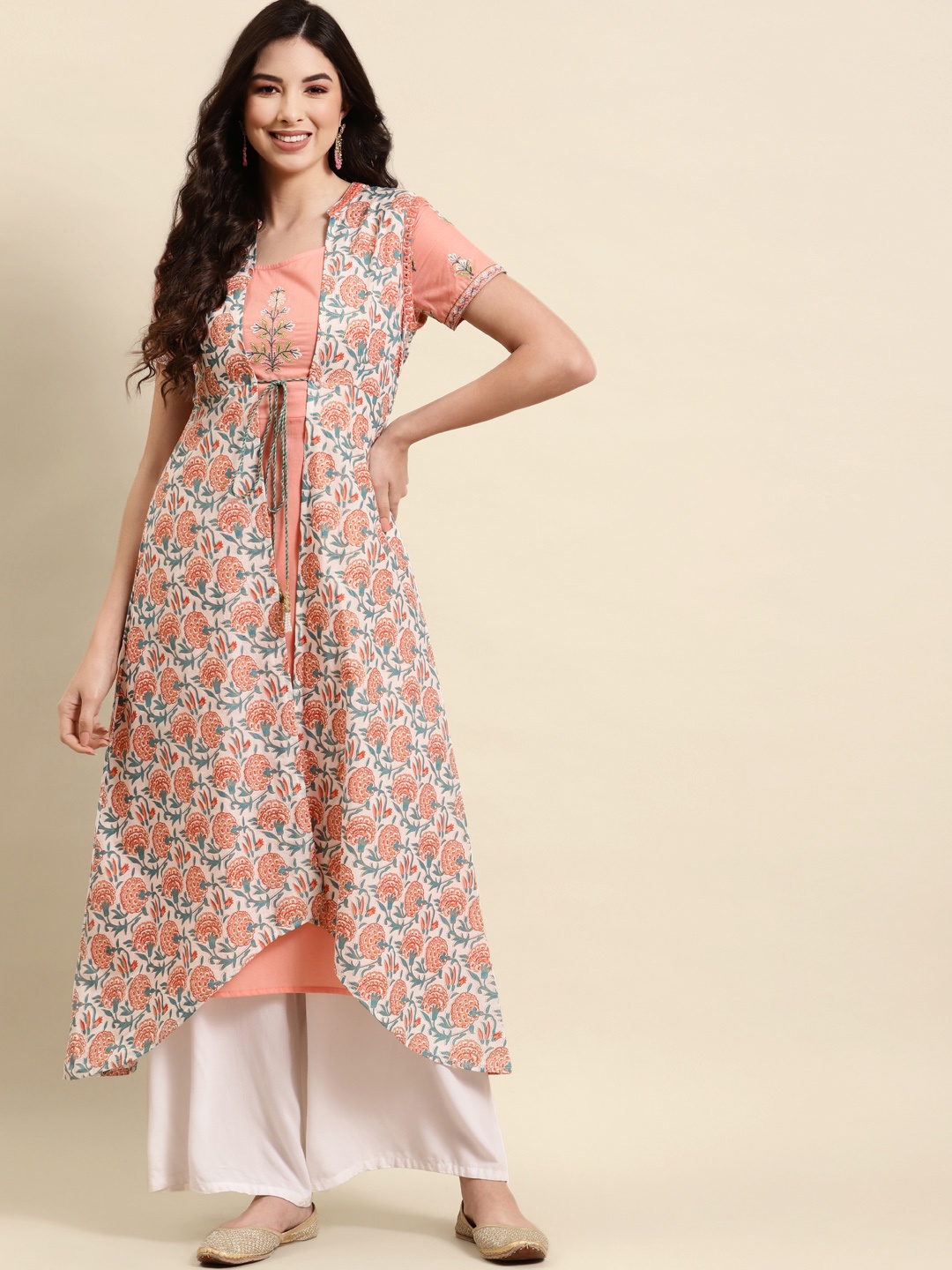 

RANGMAYEE Women Peach-Coloured & White Floral Embroidered Floral Kurta