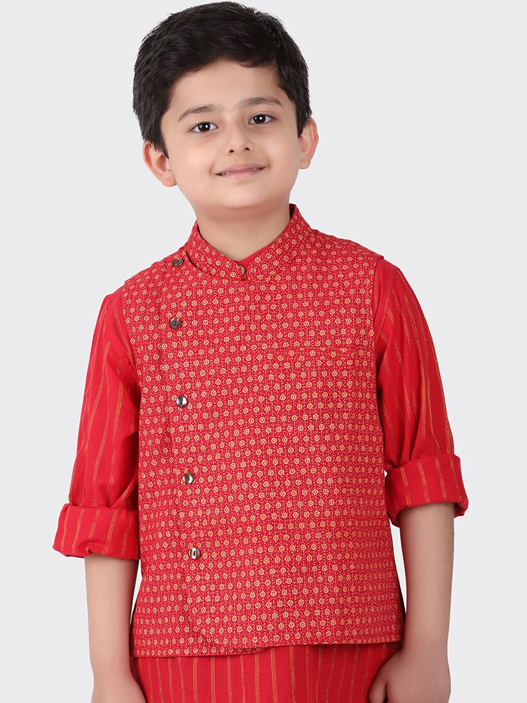 

Fabindia Boys Red Cotton Printed Nehru Jacket