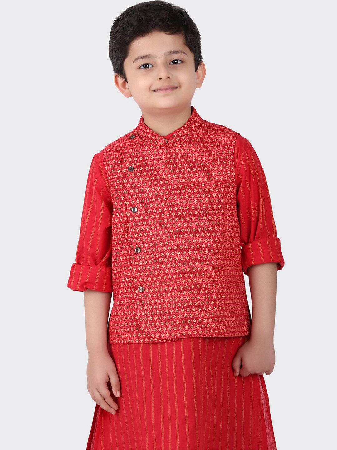 

Fabindia Boys Red & Yellow Printed Pure Cotton Woven Nehru Jacket