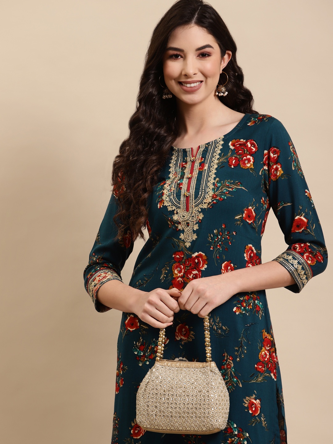 

RANGMAYEE Women Navy Blue & Red Floral Printed Kurta