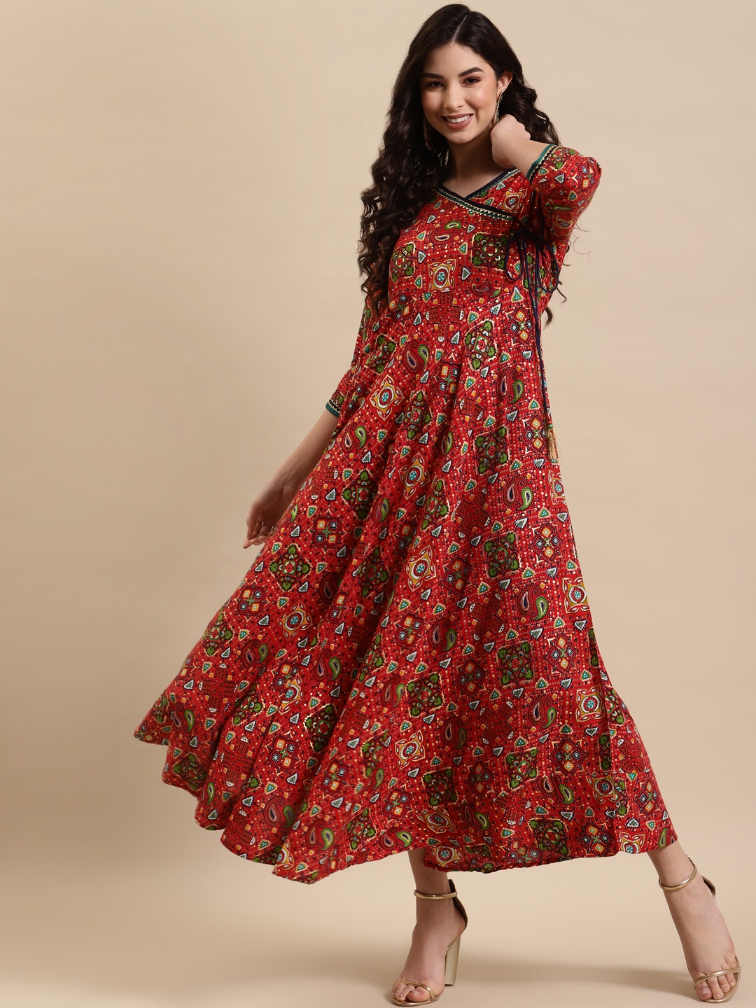 

RANGMAYEE Women Red & Green Bandhani Printed Liva Gotta Patti Angrakha Maxi Dress