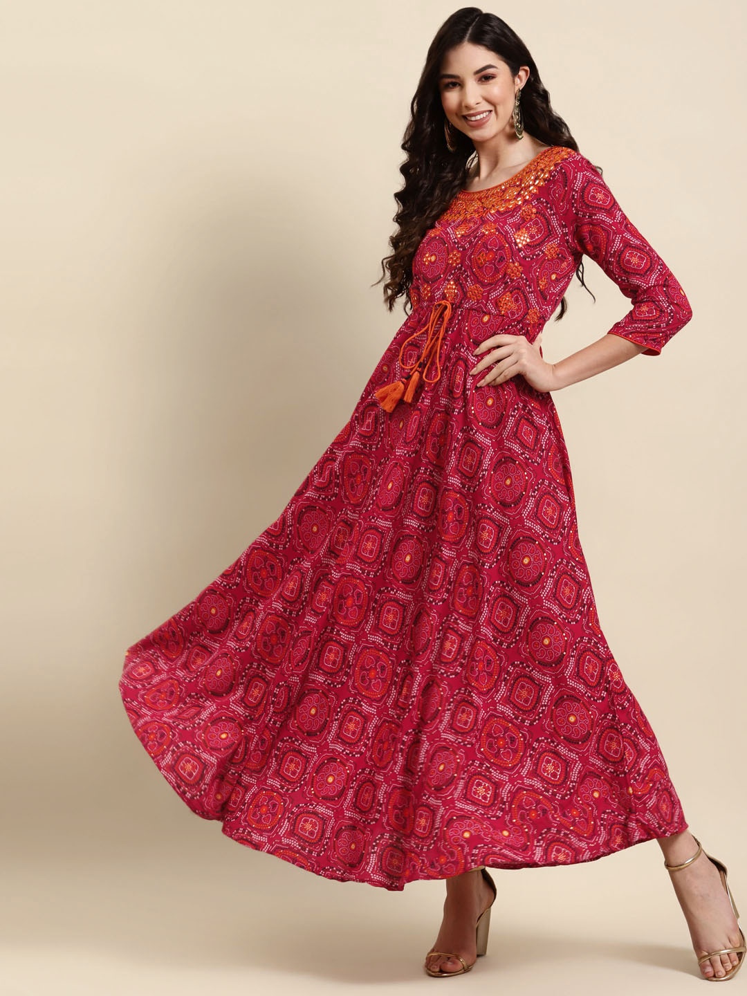 

RANGMAYEE Red & Orange Ethnic Motifs Ethnic A-Line Maxi Ethnic Dress