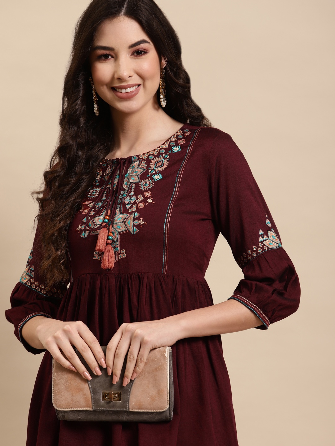 

RANGMAYEE Women Maroon Ethnic Motifs Embroidered Gotta Patti Kurti