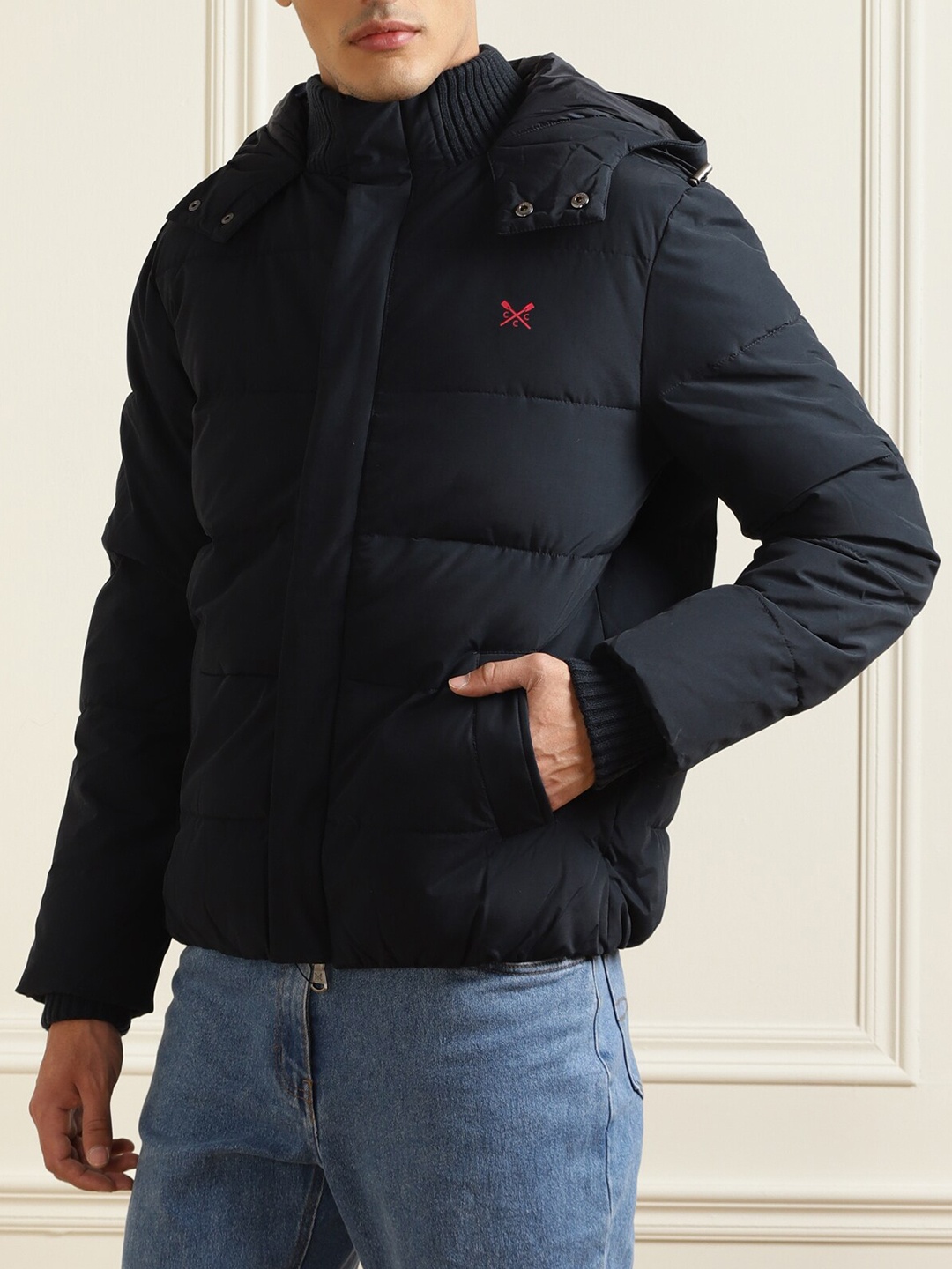 

Crew Clothing Men Navy Blue Quilted Hooded Puffer Jacket