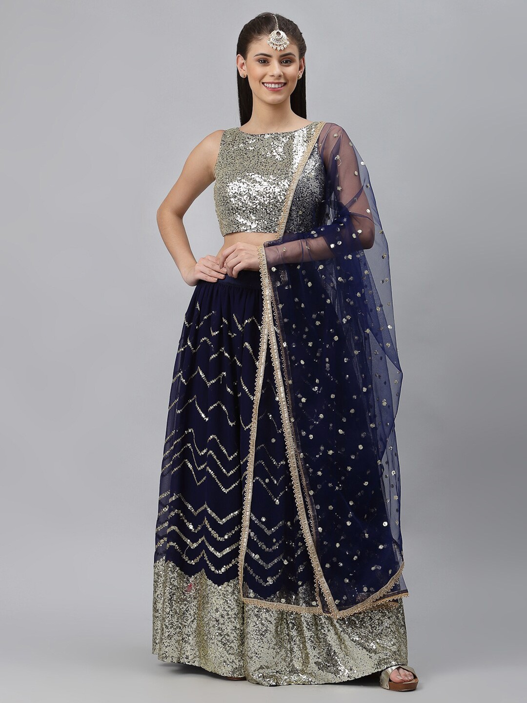 

studio rasa Navy Blue & Gold-Toned Embellished Sequinned Semi-Stitched Lehenga & Unstitched Blouse With