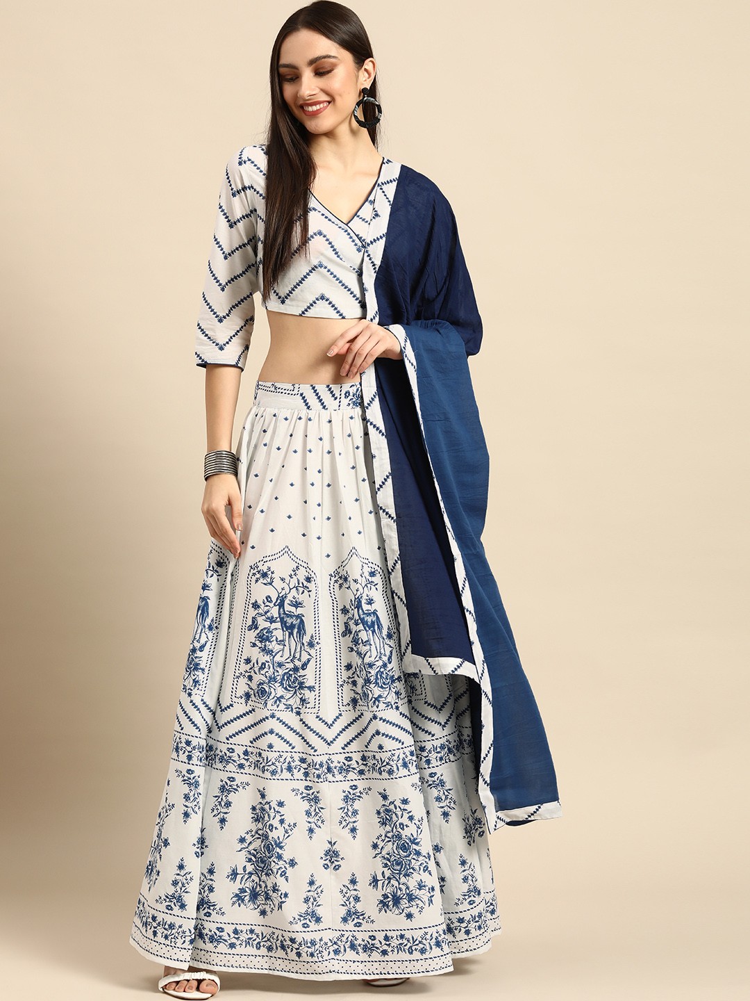 

Anouk Women White & Navy Blue Printed Ready to Wear Lehenga Choli