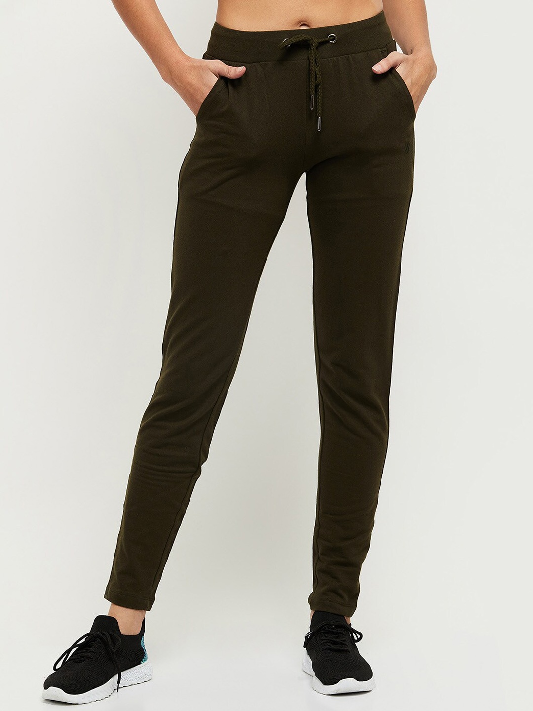 

max Women Olive Green Solid Slim Fit Pure Cotton Track Pants